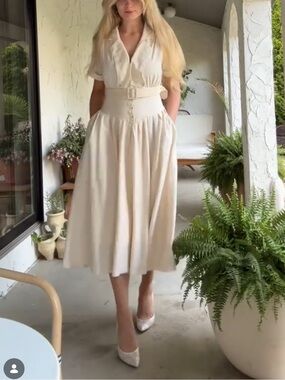 Cream Collared Belted Midi Dress